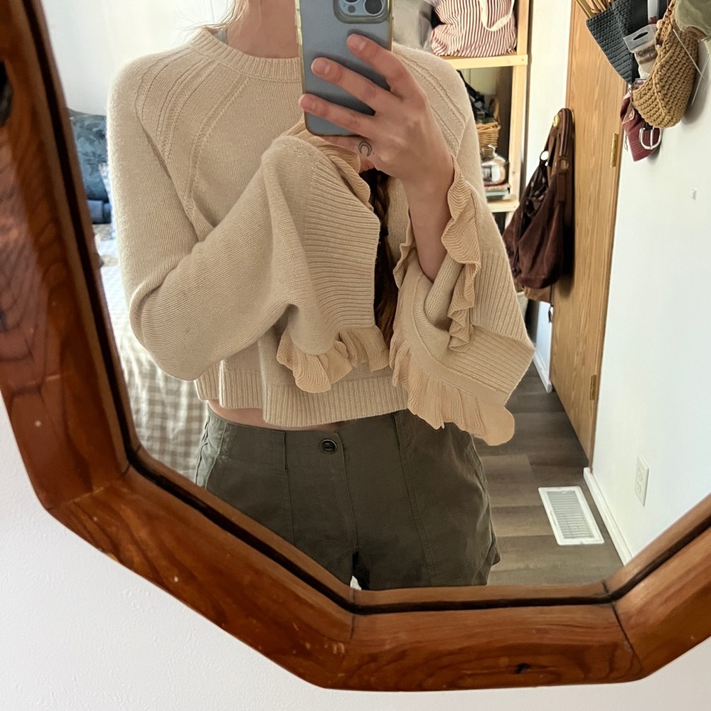 Helmut Lang Wool & Cashmere Flutter Bell Sleeve Cropped Sweater